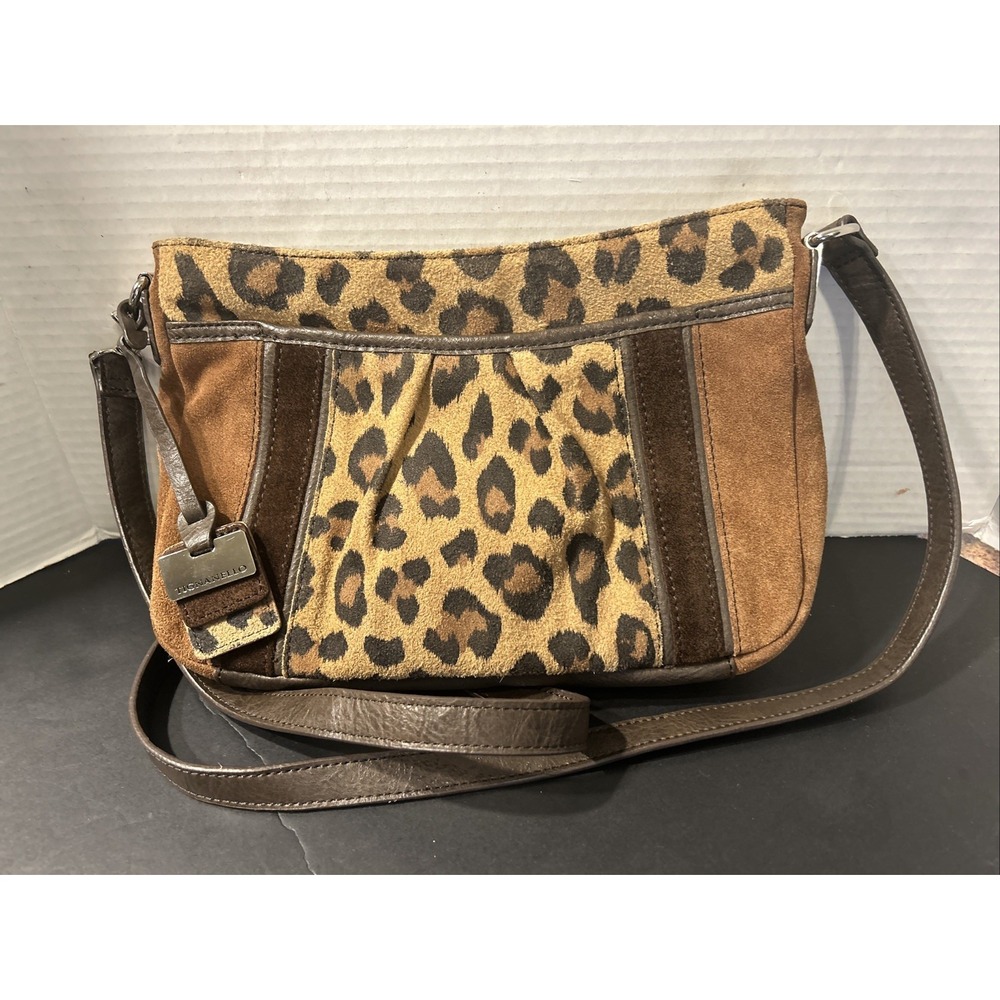 Tignanello Suede Cognac Animal Print Colorblock  Crossbody Purse Bag Logo Charm